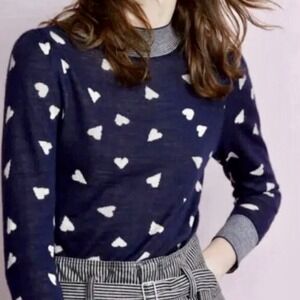 Rebecca Taylor Navy Blue Heart Print Mock Neck Knit Sweater XS Striped Trim‎